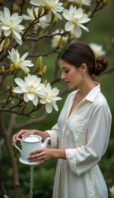 Woman is watering a white magnolia