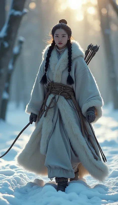 Chinese beauty hunter，With braids , Facing the camera， Wear a thick cape to ward off the cold ,  She goes into the frozen forest with a bow and arrow .  {x} makes a muffled sound when stepping on the snow {x} {x} {x} The landscape is covered with a thick l...