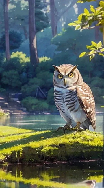 watercolor、Quiet Lake :1.2、  beautiful color  、 beautiful owl，Professional photography， Details， high definition ， best quality，masterpiece:1.3，Wide angle，