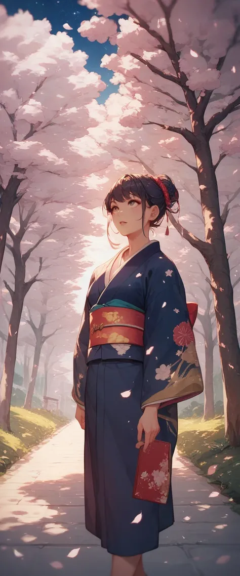 Create a photo image Japanese woman wearing a kimono Walking under the starry night sky Looking up with a hopeful expression on his face The surrounding atmosphere has blooming cherry trees. Japanese lanterns that emit soft light and a peaceful walkway Foc...