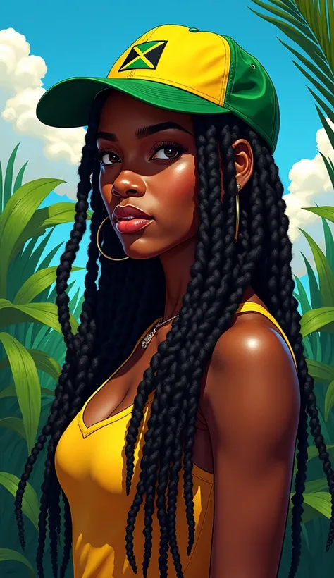 create the image of a black woman with Dreadlock and with a cap on her head in the colors of the Jamaica.
