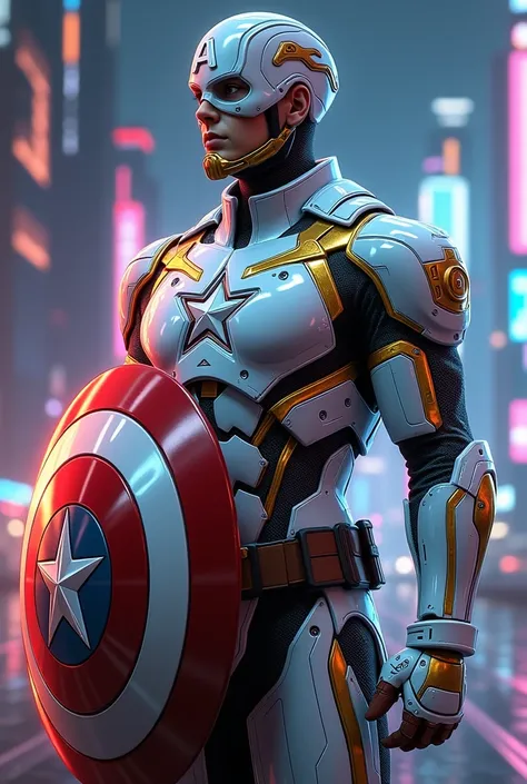 Captain America in ultra 4K hyper-Realistic wallpaper, Captain America intricate sleek metallic armor which combines the style of anime Warframe, anime cyberpunk, Valorant, a apex legend. Futuristic fantasy style heavy armor suit, The armor must be dominan...