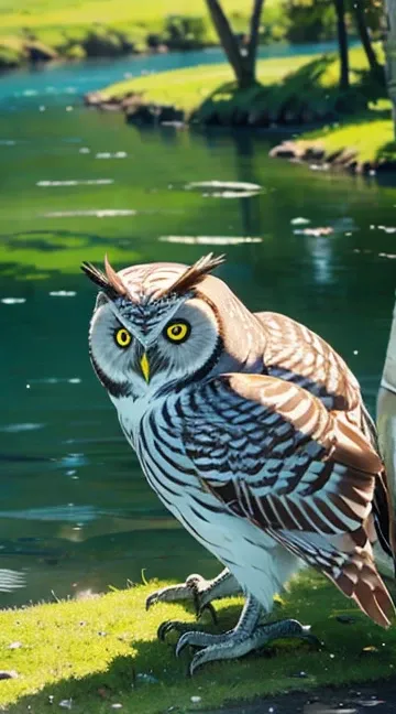 watercolor、(Quiet Lake :1.2)、  beautiful color  、 beautiful owl，Professional photography， Details， high definition ， best quality，masterpiece:1.3，Wide angle，