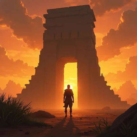 A silhouette of a lone explorer standing in front of a large, ancient structure with the sunset in the background, casting an enigmatic light, asking the big question indian realistic character 4k 