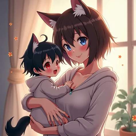 Anime-style family where she has short brown hair, blue eyes, wolf ears, she is holding a baby with one red eye and the other blue, he is a vampire with red eyes, handsome black hair, the black-haired boy with red eyes and the other blue that looks like a ...