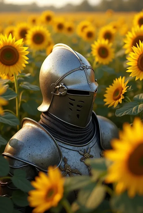 Armored knight with helmet lying between sunflowers