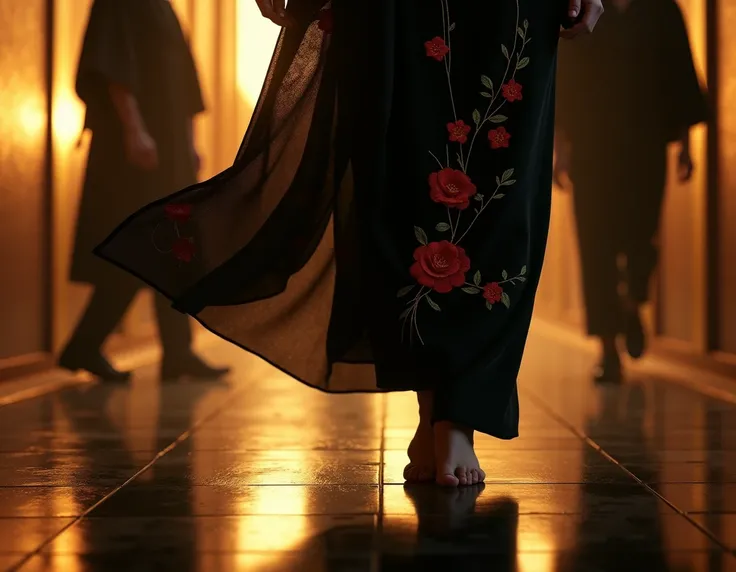 horizontal image. Realistic photography. digital art. imagen realista.  Aesthetic image ,  Attention to detail .  Delicate feet focus on Japanese okobos of a woman walking on an elegant black ceramic floor, golden walls.  The black kimono with gold details...