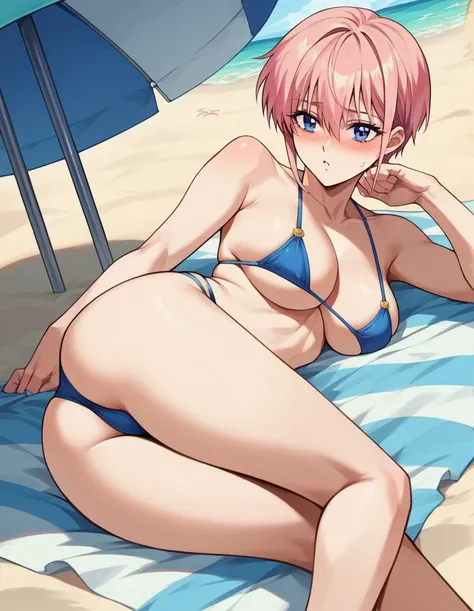 masterpiece、 best quality、4K. Max Image、(Nakano Ichika,  Pink Hair,  shorthair、retro bikini 　Big Breasts　  girl１people、)Beach、 beach umbrella、 beach sheet　nsfw(1.4)　　Displeased　blush