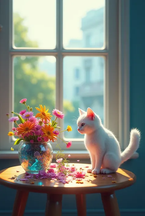 Broken vase being reflected by lights of many colors on a small table in front of a window with a white cat spilling the vase with many colorful flowers being seen from outside 