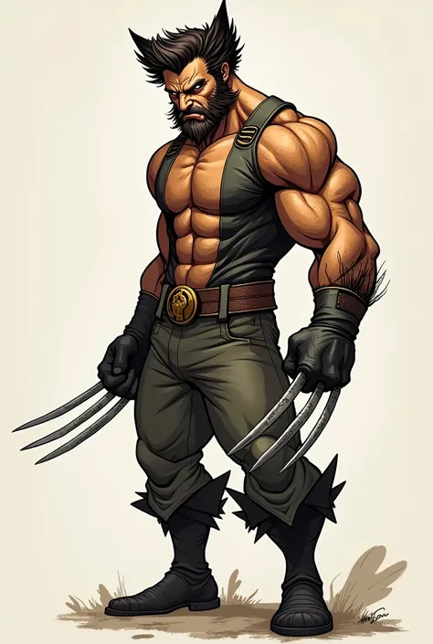 Wolverine character: slightly to the side, his own claws extended, looking protective yet weary. His posture should reflect the burden he carries, cartoon art