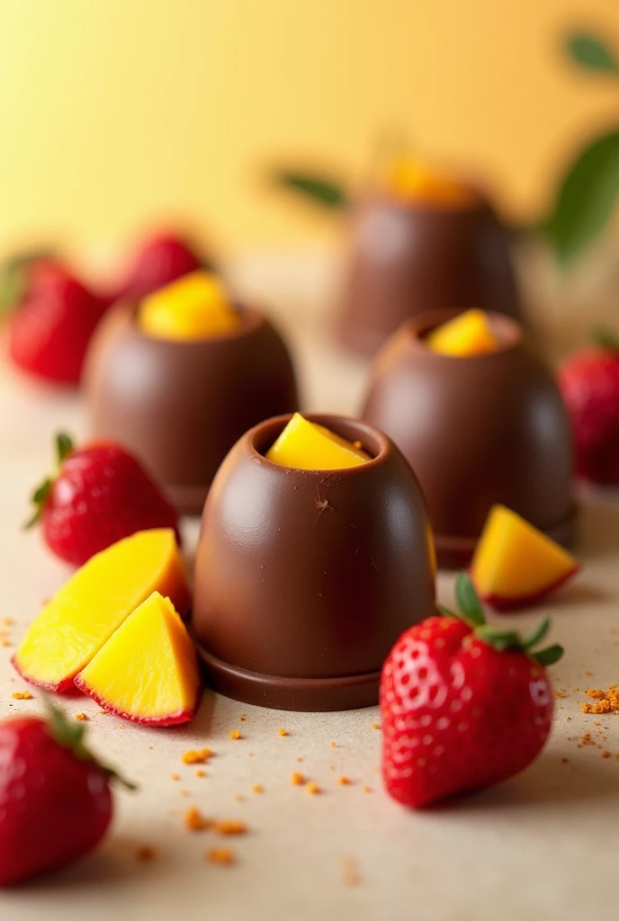 fruit-filled chocolates image for marketing with mango fruits and strawberries