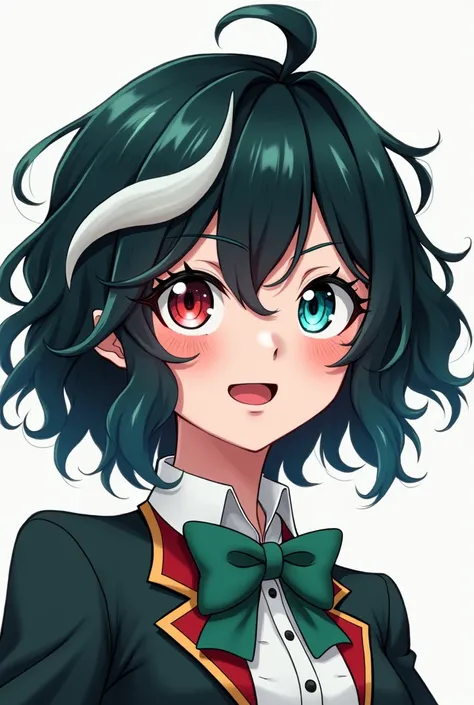 Make a girl in the style of Bnha with the following appearance: short shoulder-length hair, color black with a white and green tuft ,wavy hair, blue eyes, the right eye is bluer and a red flash , red lips, long eyelashes ,pale skin and red cheeks 