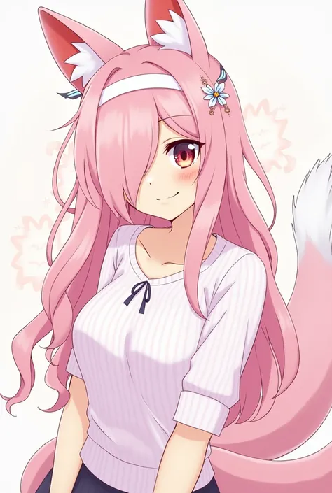 Solo, Long Hair, Looking at viewer, Bangs, Pink Hair, Multicolored Hair, Hair Over Eyes, Tri Tails, Breasts, Cat Ears, Fox Ears, Smile, Blush, Anime, Anime Style, Hair Ornament, Jewelry, Hair Ribbon, Hairband, Hair Flower, High Resolution, 