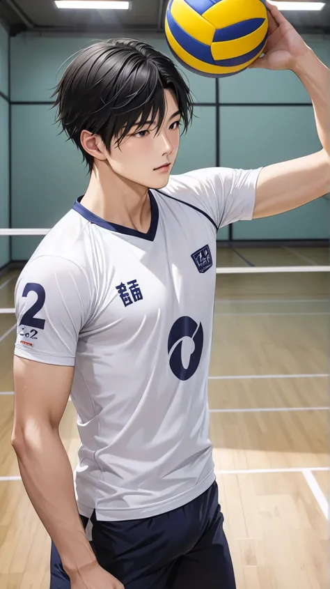 (photorealism:1.2), Handsome japanese man, 22-27 year-old, tight volleyball jersey, playing volleyball, indoor, 