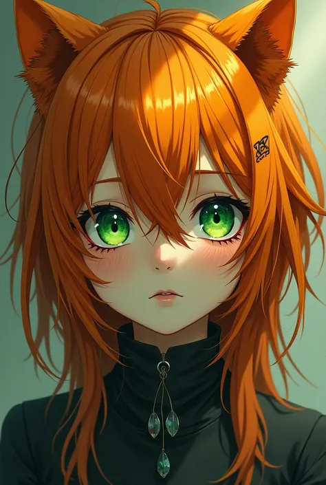 Orange-haired girl with dark yellow hair with torn green eyes like a cat in the style of the anime Dandadan