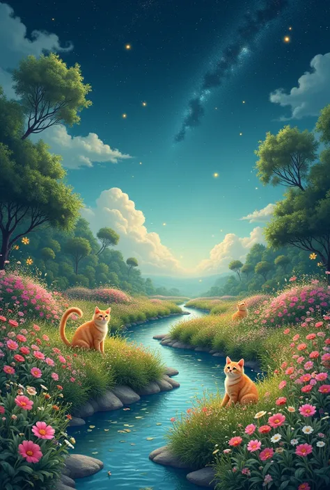  Fields of flowers, streams and groves with orange cats are among the flower fields, with the atmosphere surrounding it with fireflies and a night sky with stars.