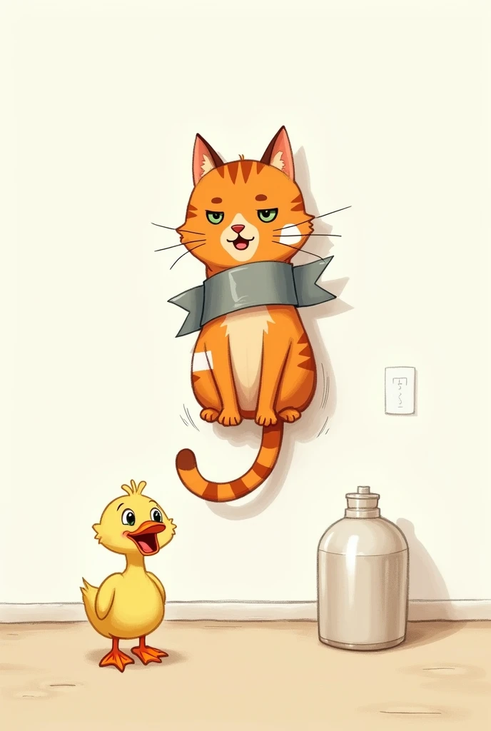 realistic illustration, orange cat was bandaged  ( only one duct tape on the cats body ) position the cat is attached to the white wall using duct tape of metallic ash color.  the duck looked ecstatic and put a silly face .