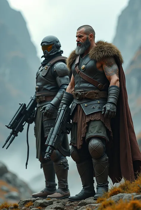  Viking aiming with a futuristic machine gun, with a soldier from the future