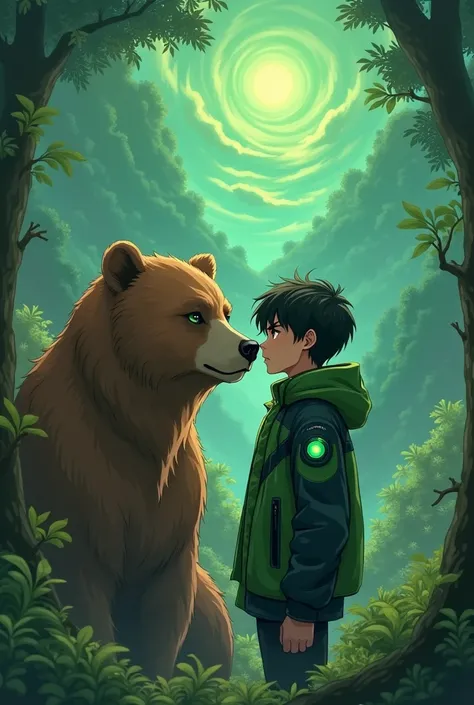 A very pretty boy with green eyes green and black poleron with a real bear
  with brown fur
with green lenses on the side and a landscape in green and black the sky as if space
 All anime version of the cute but very epic very epic and tender

