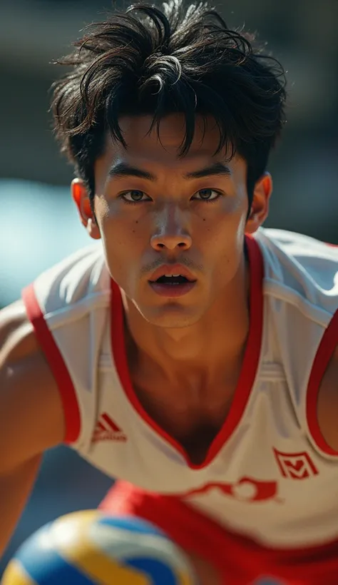 (photorealism:1.2), Handsome japanese man, 22-27 year-old, tight volleyball jersey, playing volleyball, indoor, spike, close up