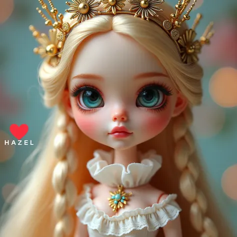 A close-up of a beautifully styled ball-jointed doll with an ethereal and whimsical aesthetic. The doll has long, flowing blonde hair styled with intricate braids and adorned with an ornate golden crown featuring starburst designs and delicate wire details...