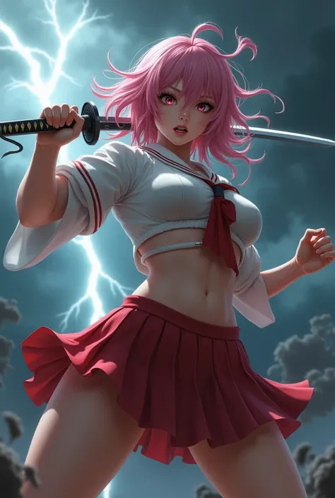  score_11, score_9_up, score_8_up, score_6_up,, adult woman, (Japanese schoolgirl uniform), underboob, nipples, ((skirt lifted by a wind current)), ((see genital part without underwear)), large breasts, swirl of air around him, sword in one hand, storm bac...