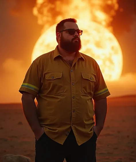 Obra maestra, desenfoque de campo, Parte superior del cuerpo, Hands in pants pockets, 38 year old chubby man with beard and square sunglasses.. Man in firefighter shirt in a space movie with a solar explosion in the background.