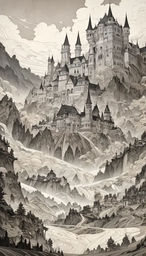 A fusion of watercolor and oil painting, a fusion of papercutting and shadow puppetry, a mix of monochrome and color, top quality, ultra-high definition, 16k, incredibly absurd, highly detailed, 2.5d, delicate and dynamic, western castle, beautiful female ...