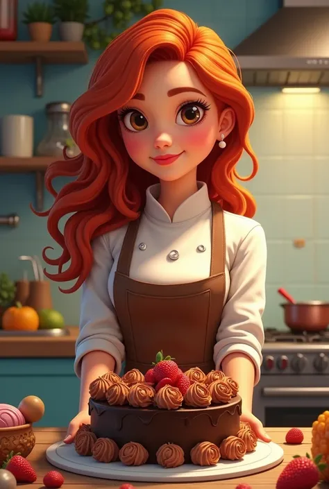  A red-haired Brazilian woman ,  brown eyes  , long curly hair wearing cook clothes holding a beautiful Disney Pixar-style chocolate cake