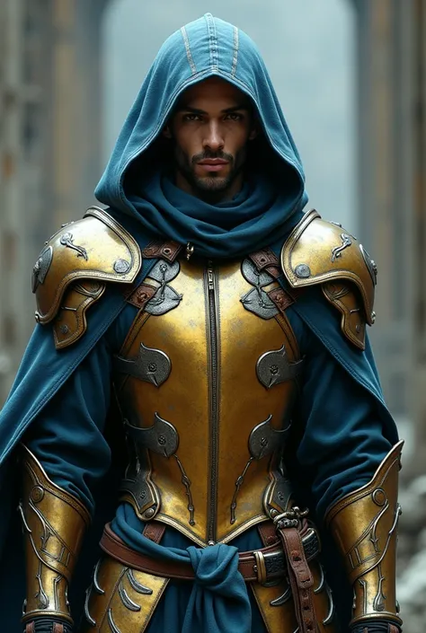 Gender Male, Futuristic Wizard Medieval Hoodie Jacket with Zipper Gothic Splicing Coat Victorian Steampunk Tailcoat,  Gold armor, Hood, Knight Helmet, Silver Stripes, Blue Cape