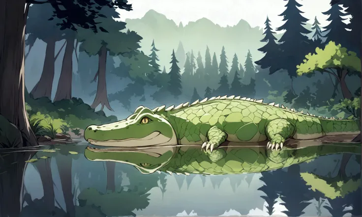 A hungry green (crocodile|dragon) lurks just under the surface of a calm lake waiting to ambush unsuspecting prey Fantasy fall forest reflected in the water