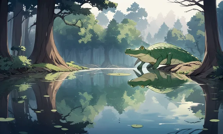 A hungry green (crocodile|dragon) lurks just under the surface of a calm lake waiting to ambush unsuspecting prey Fantasy fall forest reflected in the water