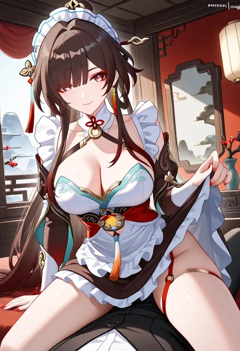 ultra-detailed,(best quality),((masterpiece)),(highres),original,extremely, lingsha (honkai: star rail), milf, sex maid,1girl, glamour girl, red eyes, middle breasts,multicolored hair,brown hair, looking at viewer, smile, rong hair,maid apron, skirt lift b...