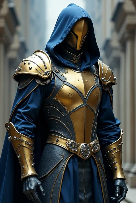 Gender Male, Futuristic Wizard tech Medieval Hoodie Jacket with Zipper Gothic Splicing Coat Victorian Steampunk Tailcoat,  Gold armor, Hood, Knight Helmet, Silver Stripes, Blue Cape