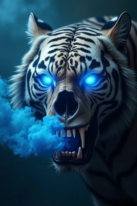 Open-snouted tiger ,  in the osico a skull with blue eyes and blue smoke in its mouth 
