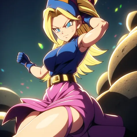 dbsuper style, 
Petite , green aura, super saiyan aura, belt, purple colored hair, huge hair, bruise, bruise on face, clenched hands, frown, Mages hat, gloves, blue eyes, grey gloves, evil grin, medium breasts, petite, soft muscles, solo, spiked hair, supe...