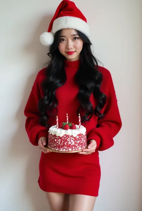 "K-pop style women&#39;Realistic images、      Korean Beauty      , length, Wavy black hair.  White wall background、I have a Christmas cake 、red long sleeve high neck sweater、  Red Mini Skirt    、      Shes attending a Christmas party 、Full body image of me...