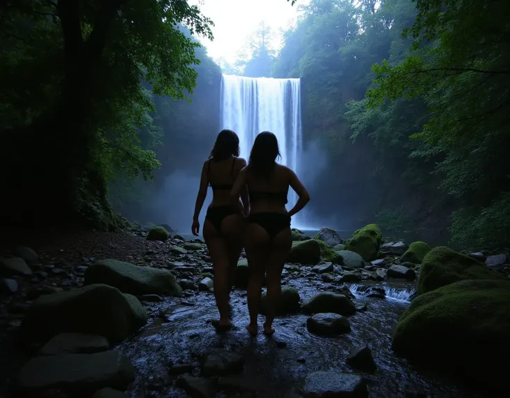 Two voluptuous women in black lingerie,  standing in front of a cascading waterfall, dramatic backdrop, lush greenery, natural beauty, serenity, natural ambient light, diffused sunlight filtering through trees, soft ethereal quality, prominent interplay of...