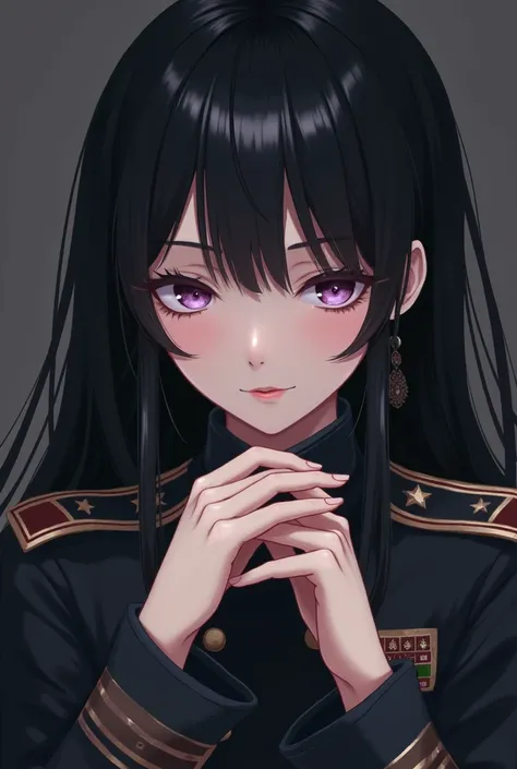  realistic 。solo。
 black hair、 long、Anatomically correct hand from a birds eye view of 、 split in the center 。
 purple eyes。A listless atmosphere。adult。Beauty。 is cool。
soldier。uniform。commander。Earrings。