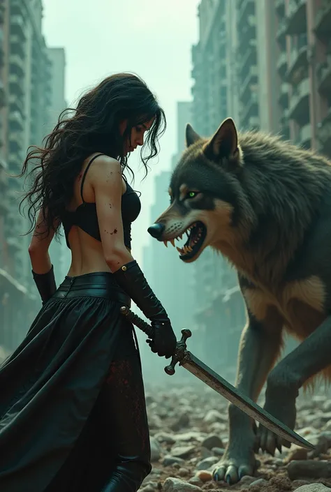 Apocalyptic cinematic shot fighting for her life: a beautiful Gothic Rockstar Snow White with very long hair and big green eyes but with huge breasts, an avenging superhero in a devastated city fighting a wolf., She fights with a sword, She is bloodied and...