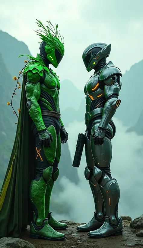 A hyper-realistic, cinematic 8K, "On the left, a nature-themed hero with green, leaf-like armor, glowing emerald veins, and a flowing cape resembling vines. They carry a wooden staff adorned with luminescent flowers. On the right, a cybernetic hero with sl...