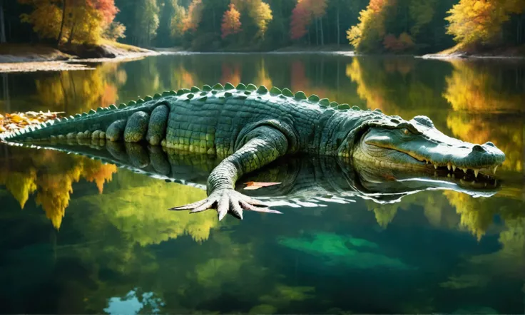 a massive green crocodile-like creature lurking just under the surface of a tranquil lake, waiting to ambush its prey, fantasy autumn forest reflected in the shimmering water, dramatic lighting, highly detailed, cinematic composition, digital painting, mut...