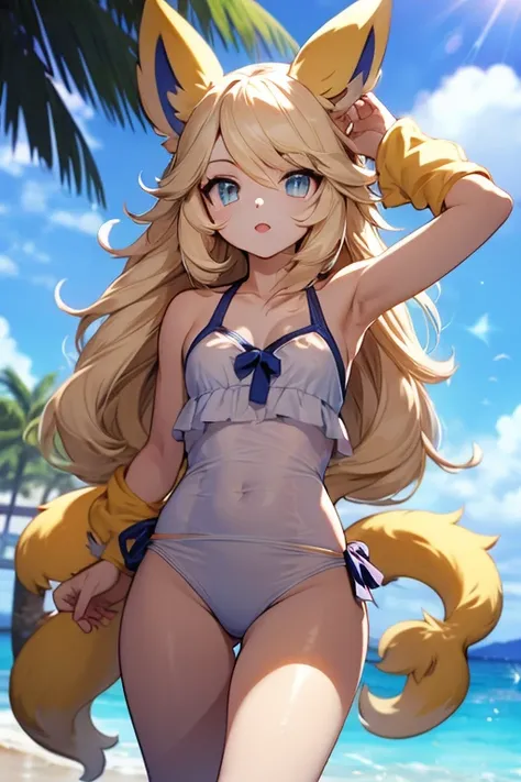 Renamon de Digimon,  bathing suit ,on a sunny beach
