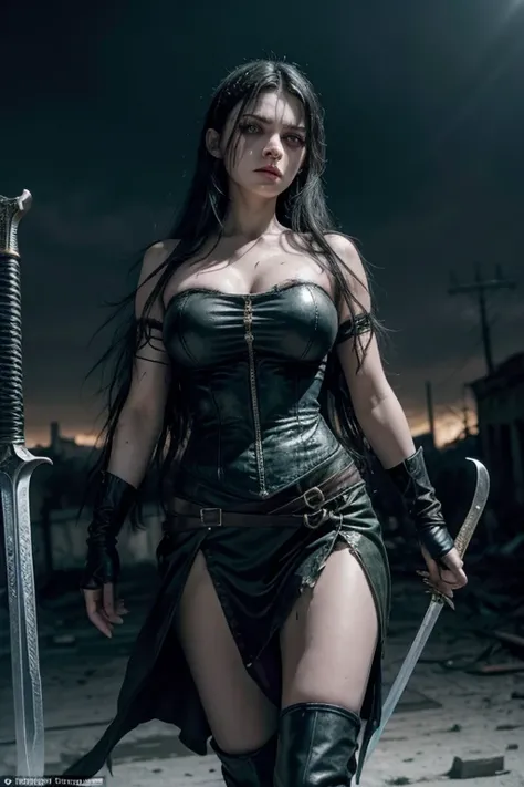 Apocalyptic cinematic shot fighting for her life: a beautiful Gothic Rockstar Snow White with very long hair and big green eyes but with huge breasts, an avenging superhero in a devastated city fighting a wolf., She fights with a sword, She is bloodied and...