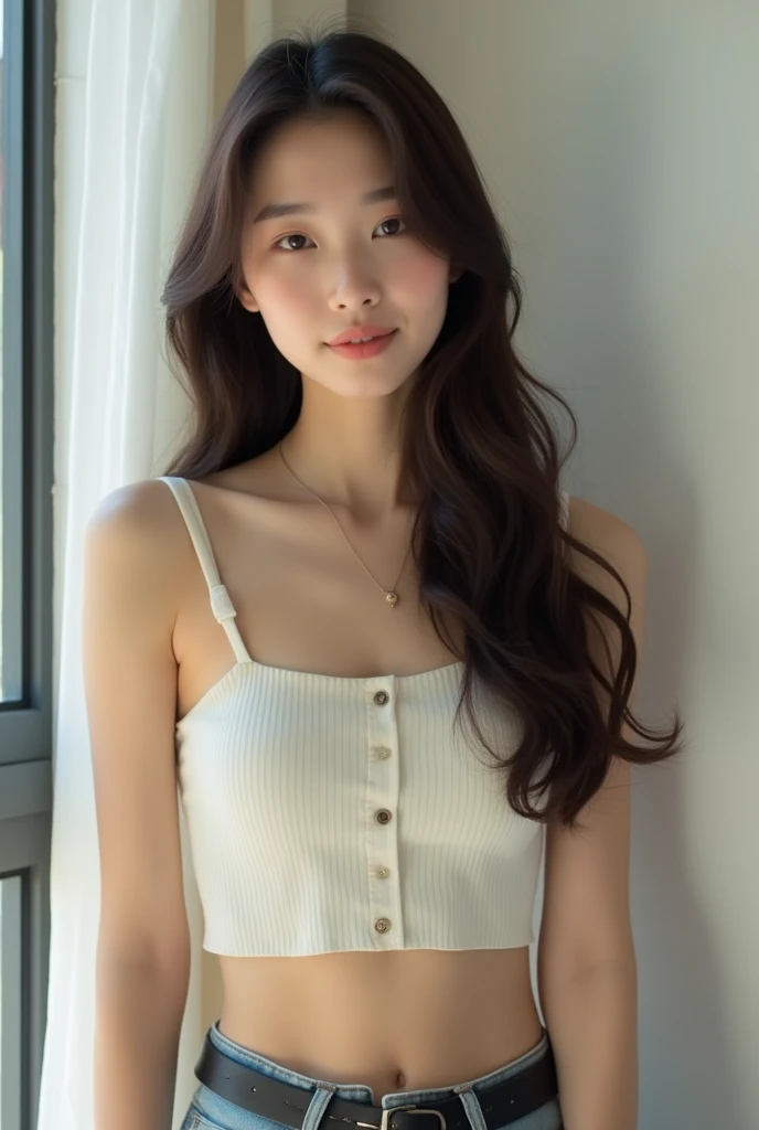 wearing a sexy cropped top, wearing a cropped top, wearing a cropped tops, wearing crop top, asian girl with long hair, cute young woman, wearing a cute top, wearing a crop top, gorgeous young korean woman, attractive girl, beautiful young korean woman, be...