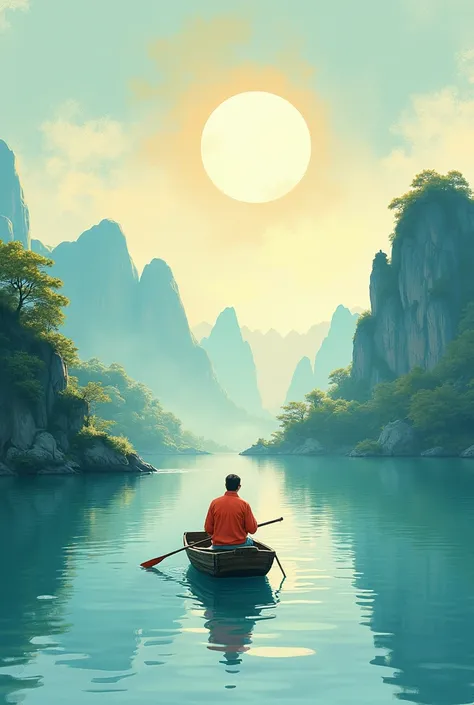 There is a painting depicting a man sitting on a boat in the water,  A beautiful illustration  ,   stylized digital illustration  , Detailed digital illustration , Inspired by Sun Kehong,  colorful illustration ,  Chinese Style Painting ,  Official Art , a...