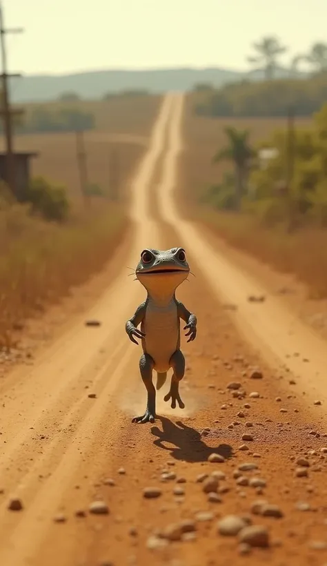 " A hyper-realistic image of a small calango running on a dirt road on its two hind legs.  The calango has a comical anthropomorphic posture ,  with the body erect as it runs rapidly down the road .  The surrounding scenery is of a rural environment , with...