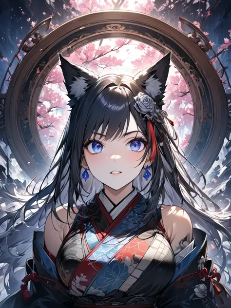 PEAnimeBG, wolf ears, Wolf Tail:1.2, masterpiece:1.3,  anatomically correct :1.3, nsfw,  Ultra High Definition:1.3,  high-definition face :1.3, Golden ratio face, 4K:1.3, 35mm focus,  mystical background:1.3, Symmetrical Background , cherry blossoms, cherr...