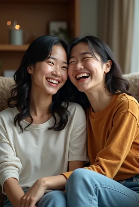 A hyper-artistic, photorealistic image of a smiling young Asian lesbian couple sitting and laughing together at the coach, in a cozy home setting. The natural lighting enhances their warm expressions and intimate connection, with soft shadows adding depth....