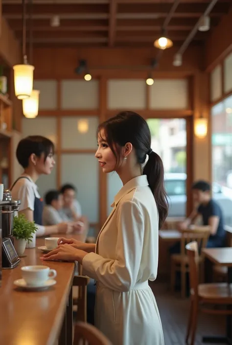 ((( realistic 、Realistic、 reality、live-action、High image quality、４k)))、(((40-year-old Japanese woman、Beauty)))Order coffee at the cafe